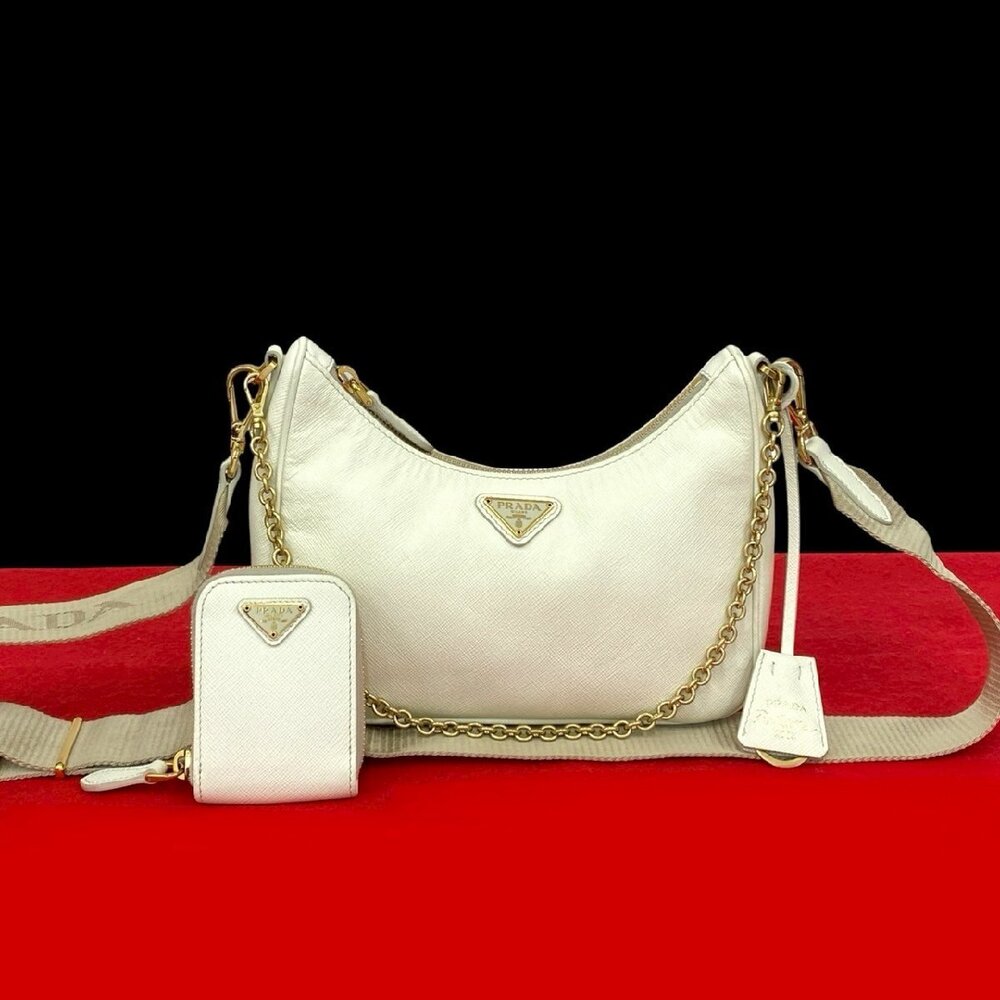 PRADA Re Edition Saffiano leather semi one chain shoulder bag Clutch white